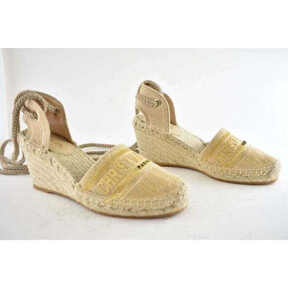 Christian Dior Granville 62K Gold Logo Lace Up Tie Espadrille Mule Heel Wedge 40 - Picture 5 of 11